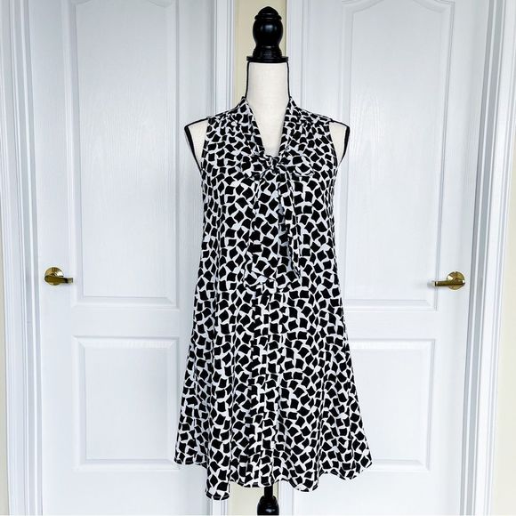 Cece 0 Black White Floating Rhombus Bow Tie Neck Ruffle Back Sleeveless Dress - Picture 1 of 15